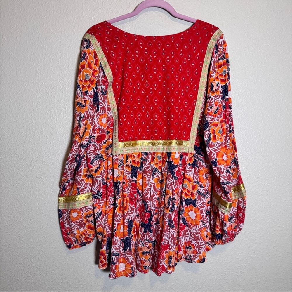 Cynthia Rowley Red Gold Floral Boho Blouse Womens 1X Fall Peasant Flowy Shirt - Picture 4 of 13